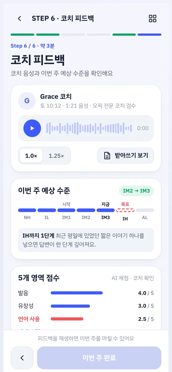 STEP 6 코치 피드백 화면. 코치 음성, 이번 주 예상 수준, 5개 영역 점수